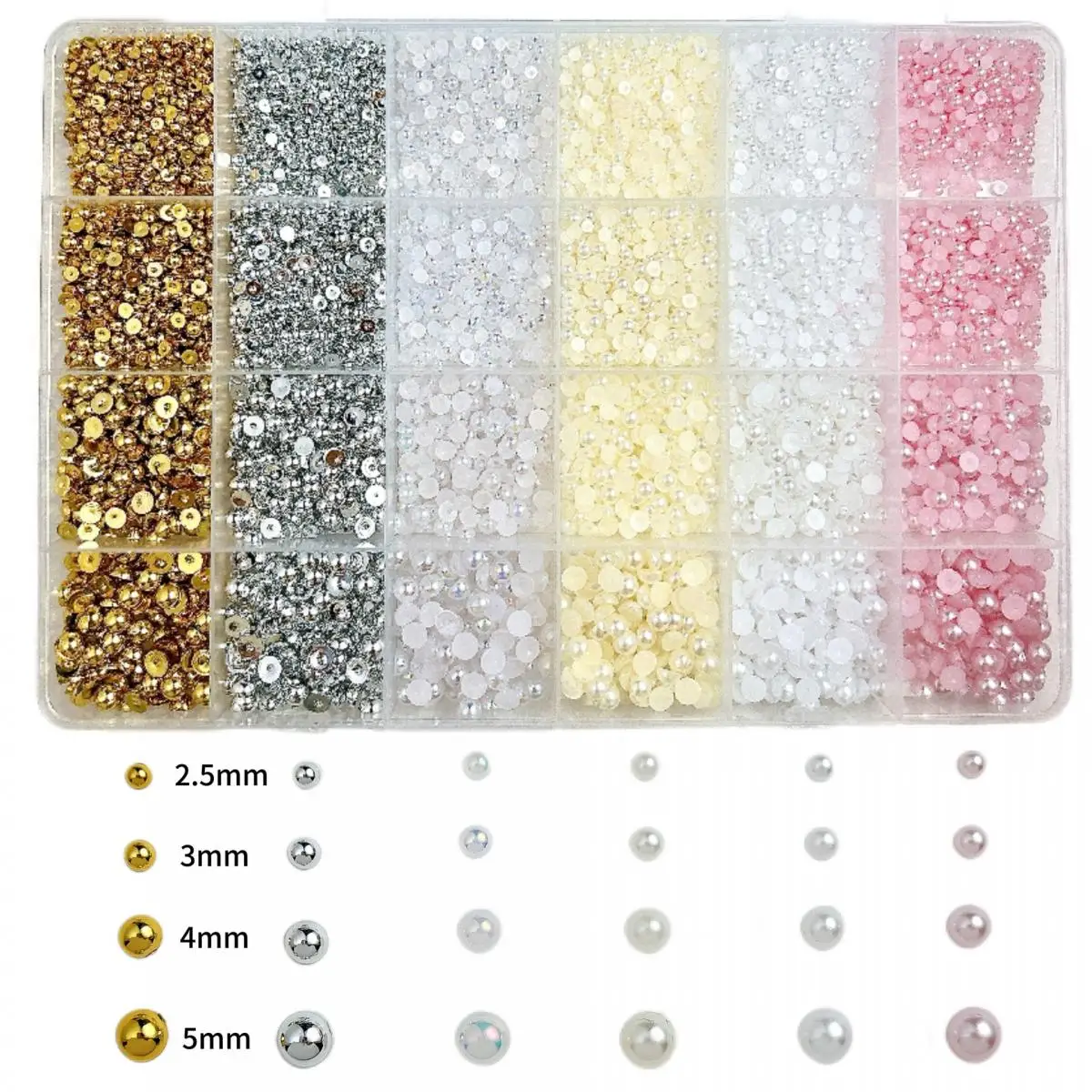 1Box Multi Size Mixed Artificial 6-Color Pearl Nail Charms 3D Plastic Half Paste Pearl Nail Art Decorations for Manicure DIY