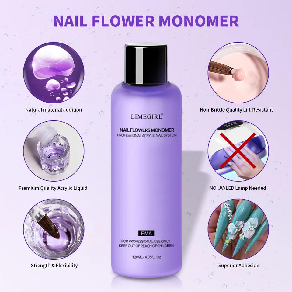 Limegirl gran capacidad líquido monómero acrílico cristal 40/70/120/240 ml para arte de uñas DIY polvo acrílico líquido manicura 4
