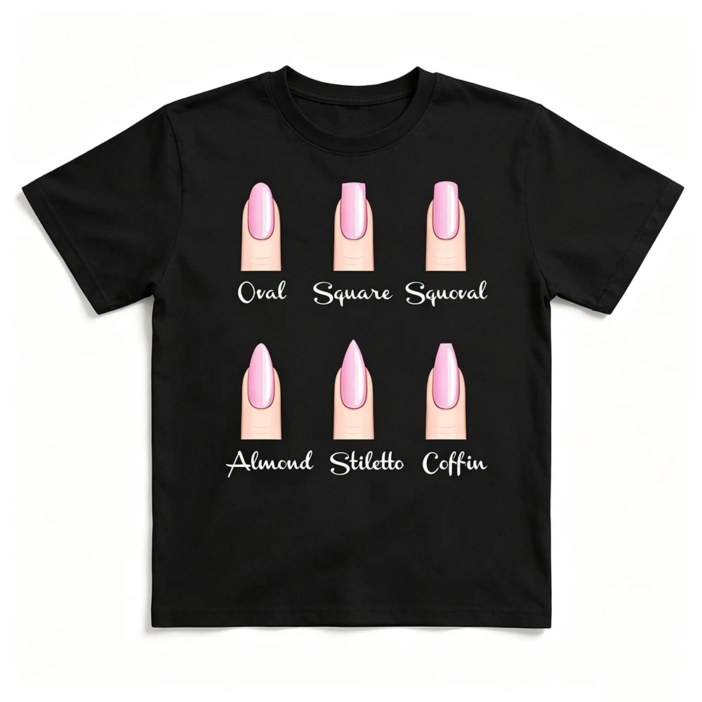 NEW Women Nail Shape Chart Graphic T-Shirt Nail Tech Manicure Artist Print Short Sleeve Casual Crew Neck Family Kids Tees