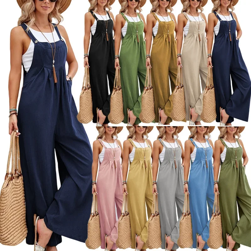 

Women's Summer Cotton Linen Sleeveless Adjustable Straps Casual Bib Overalls Jumpsuits with Pockets