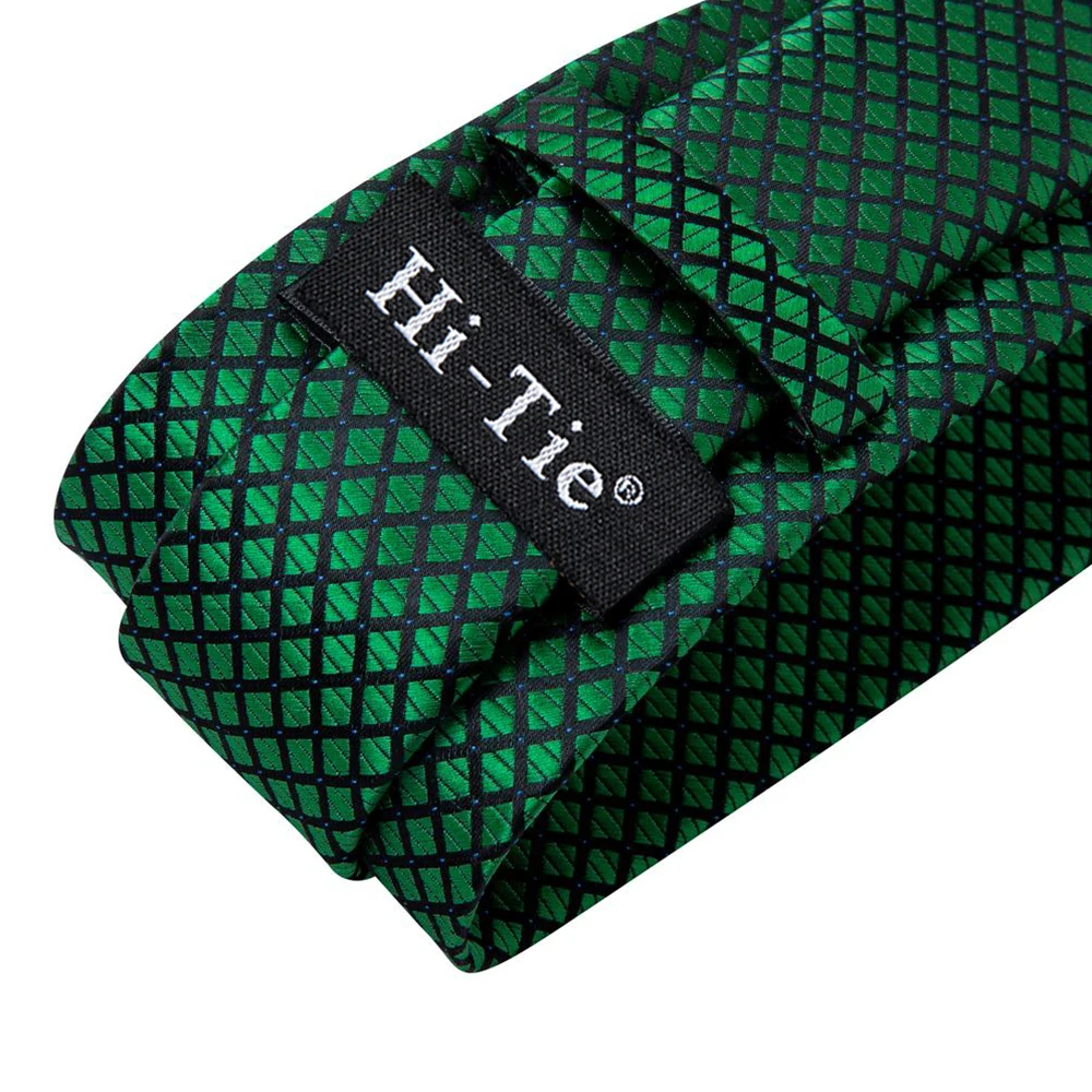 Hi-Tie Designer Green Plaid Paisley Silk Wedding Tie For Men Handky Cufflink Gift Mens Necktie Fashion Business Party