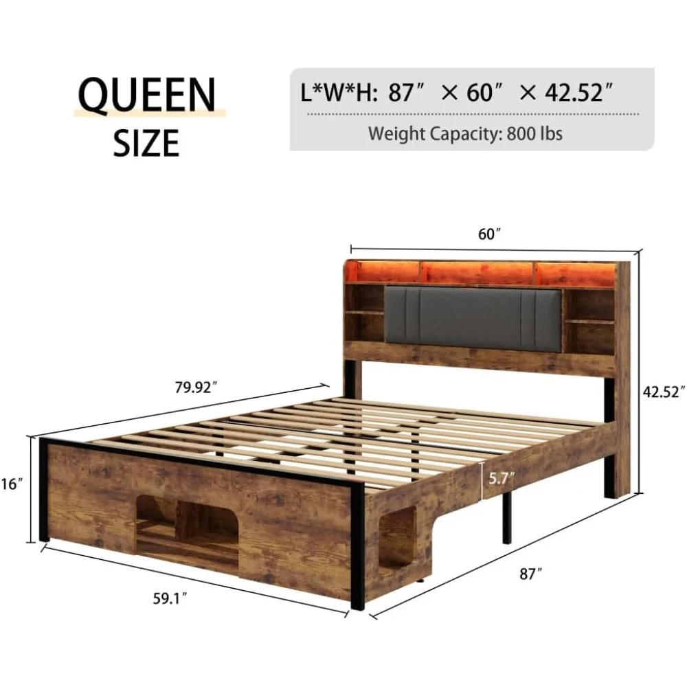 bedstead.Queen Bed Frame with Upholstered Headboard and Wood Platform,Storage Headboard with Charging Station and LED