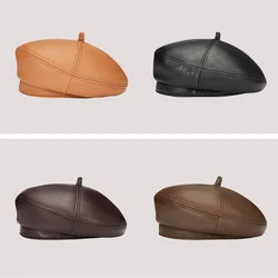 2023 Spring/Winter 100% Real Leather Beret Hat Women Fashion European Pumpkin Painter Caps Female Rainbow Color Brown/Orange