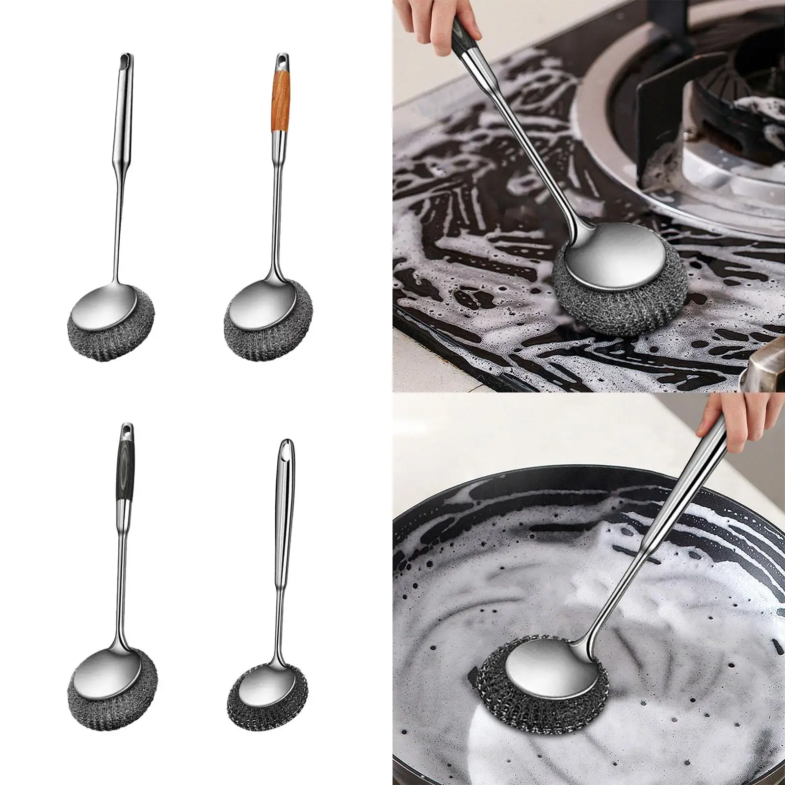 Stainless Steel Sponges Scourer with Handle Kitchen Cleaning Brush for Pots and Pans Countertops Bowls Bathroom Kitchens