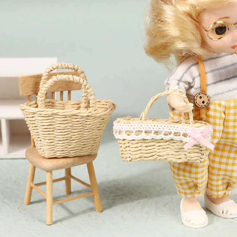 Mini Cute Dollhouse Rattan Frame Hand-woven Basket Cute Toys Dolls Miniature Decoration