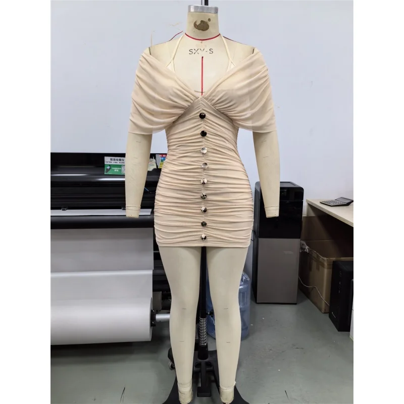 Damen-Minikleid mit freiem Schulterbereich, Netzstoff, Neckholder-Ausschnitt, figurbetont, mit Knopfleiste vorne, geraffter Kordelzug, sexy, für Nachtclubs und Partys, kurzes Kleid, Dropshipping. – Detail 6