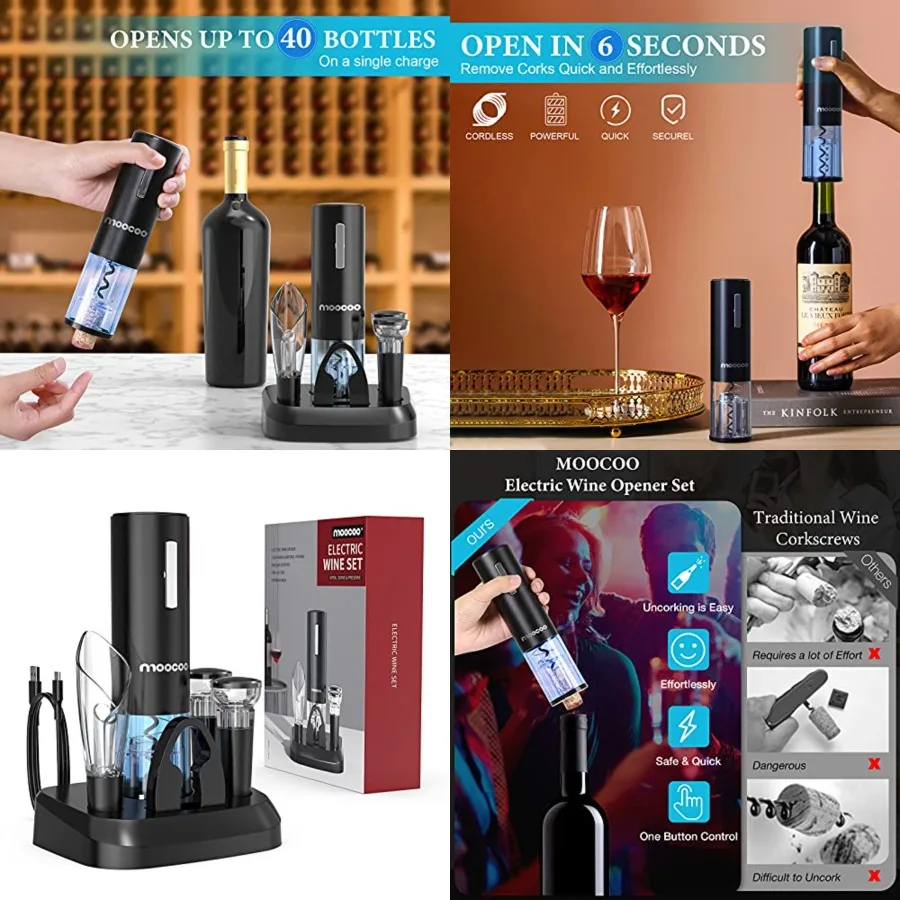 

Electric Wine Opener with Charging Base, Cordless Electric Wine Bottle Opener with 2-in-1 Aerator Pourer, Foil Cutter, 2 Vacuum
