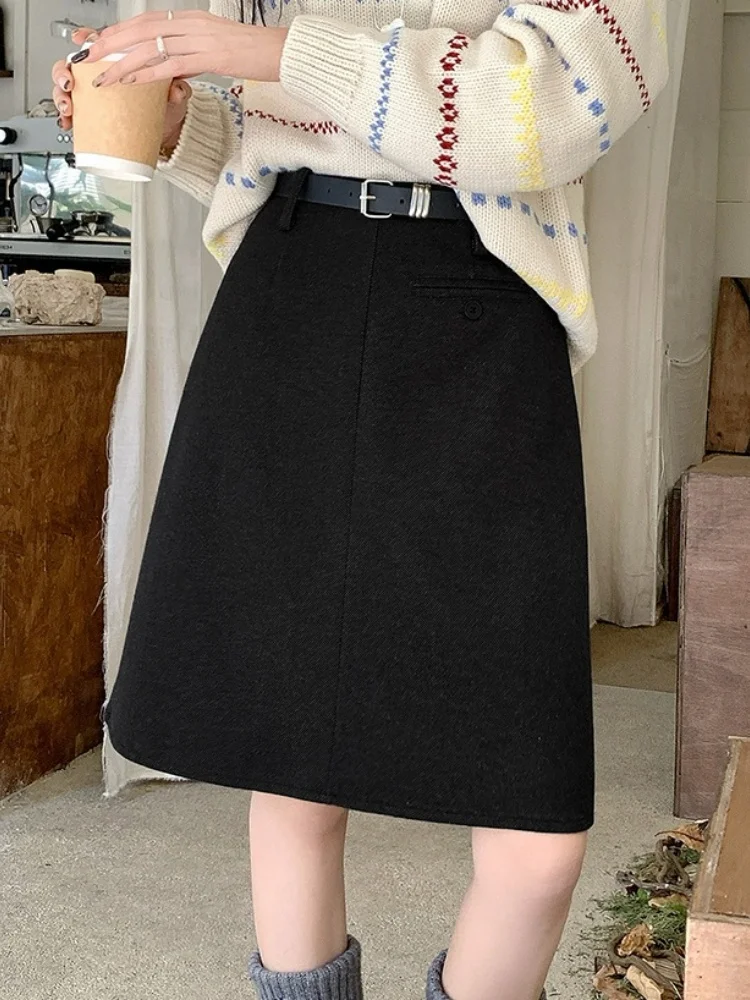 SMTHMA تنورة صوفية عصرية جديدة للخريف والشتاء عالية الخصر للتخسيس مع حزام