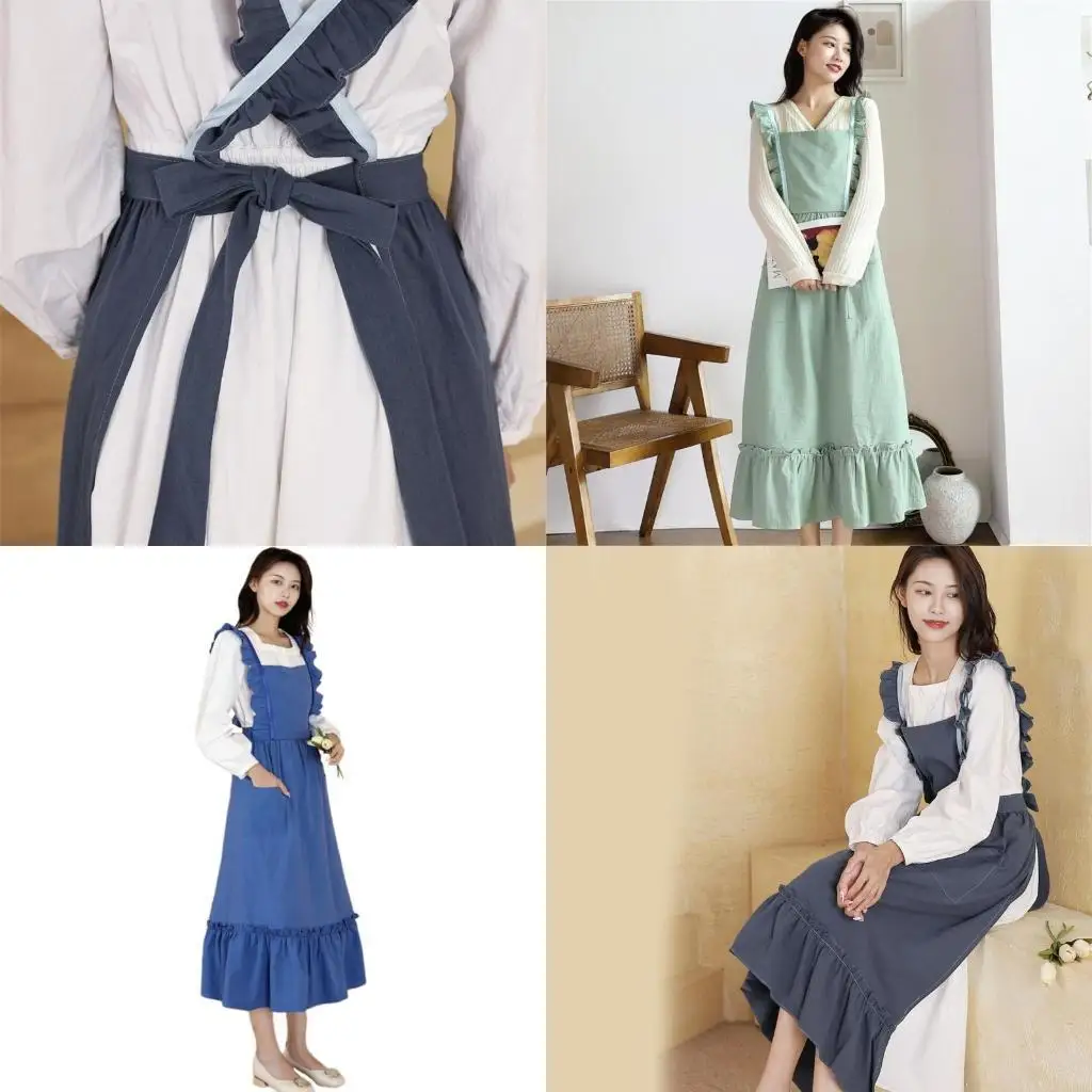 

39BC Women Vintage Pleated Ruffle Long Apron with Pockets Washed Cotton Pinafore Dress for Kitchen Baking Garden Florist Shop