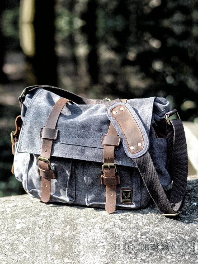 Vintage Canvas with Crazy Horse Leather Crossbody Bag Men Women Messenger Bag Shoulder Casual Satchels