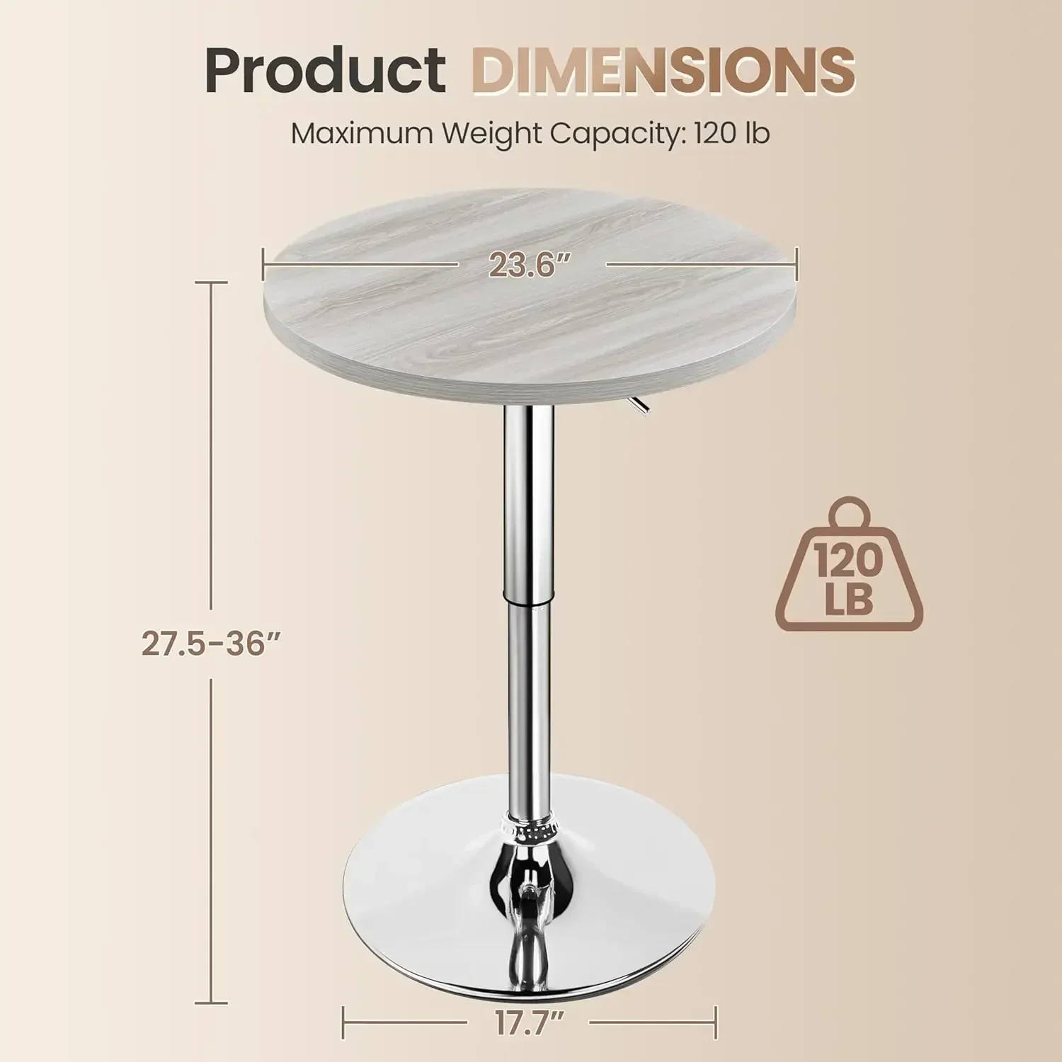 Round Bar Table,Adjustable Height and 360° Swivel Bar Tables, Cocktail Table with MDF Top, Silver Leg Base for Bar, Bistro, Café