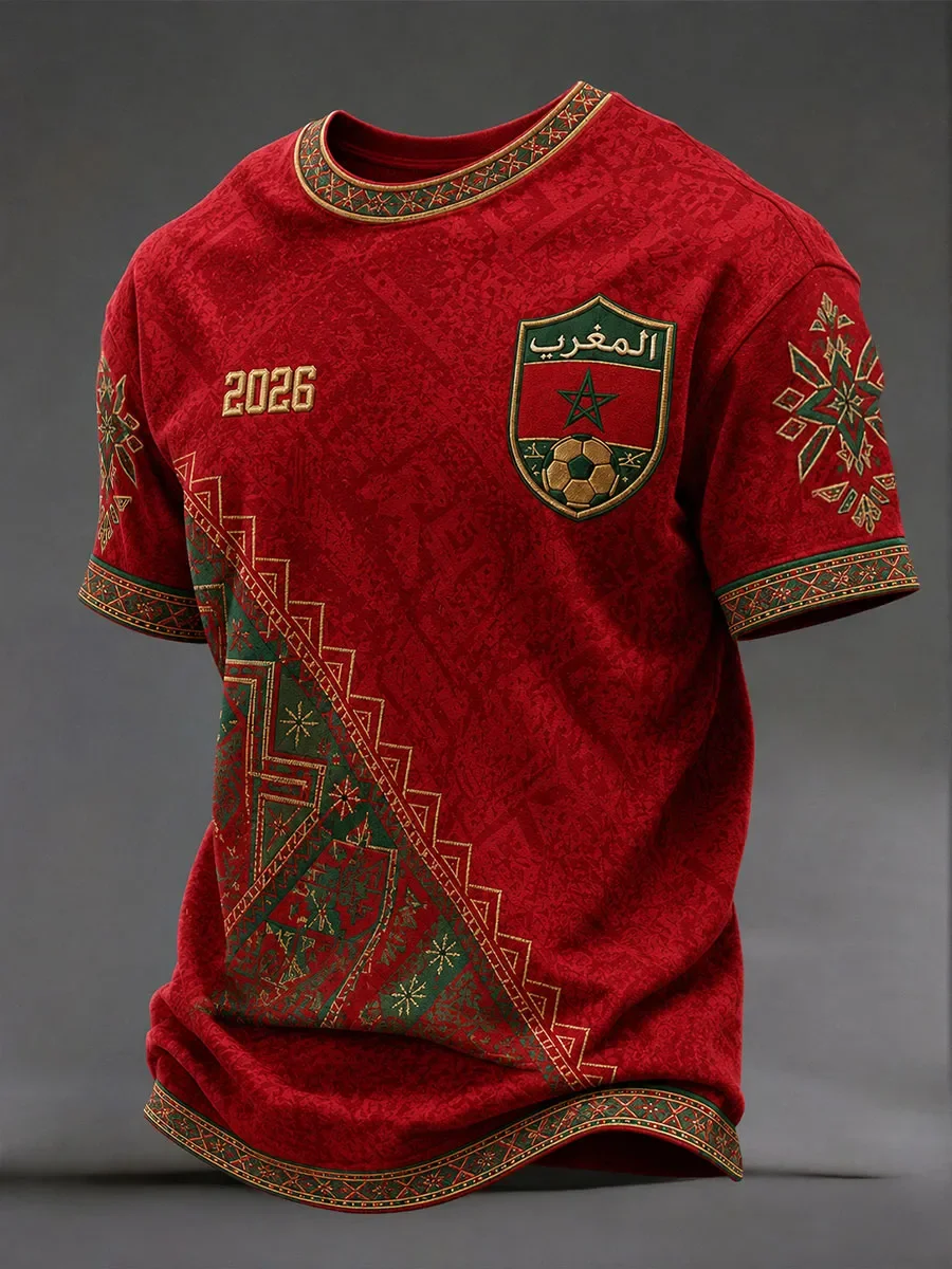 2026 Red Soccer Jersey Ethnic Geometric Embossed Print Arabic Star Badge Green Gold Trim Men Breathable Football Fan Tee