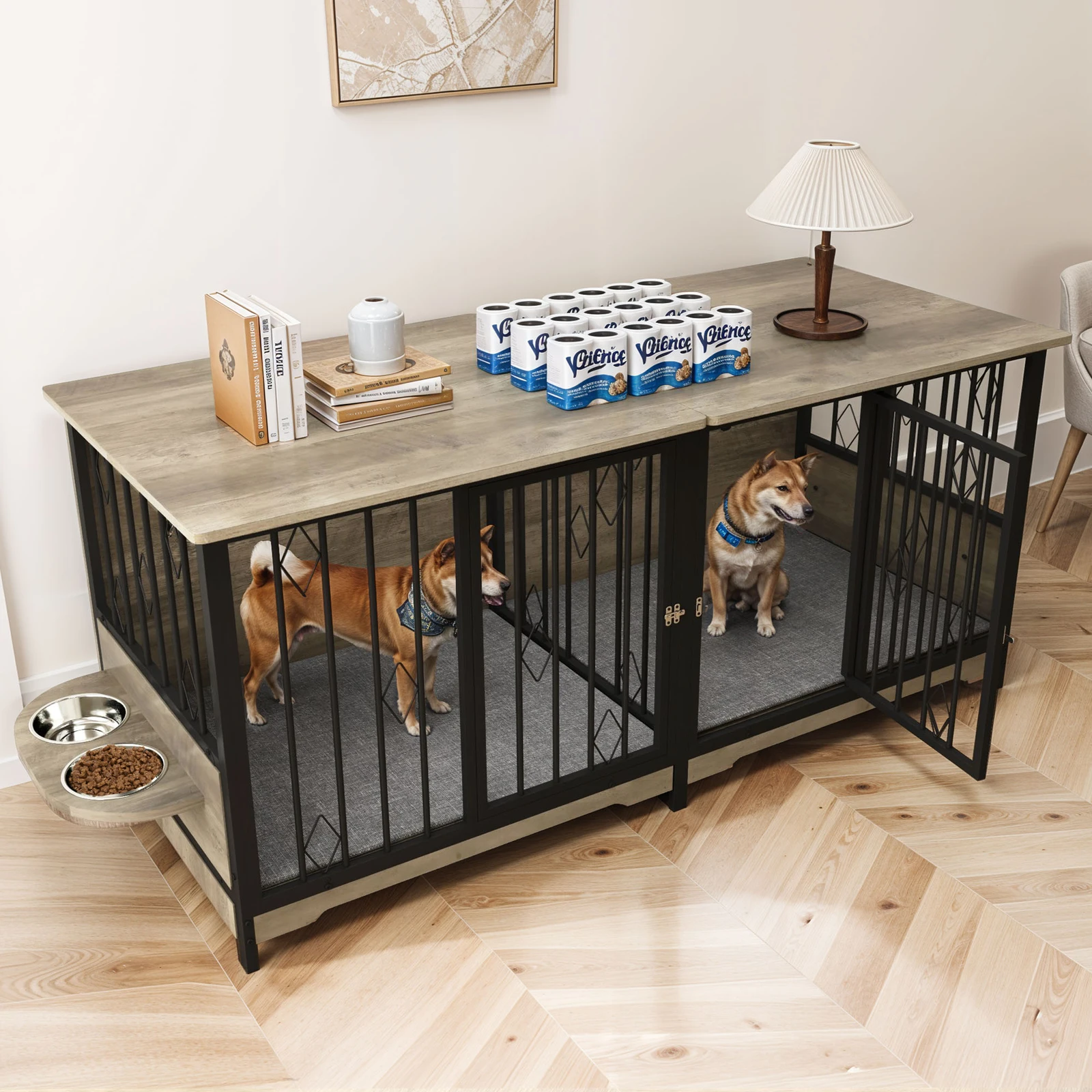 

Dog Crate Side Table Sturdy Pet Kennel Stainless Bowl Iron Cage Hutch