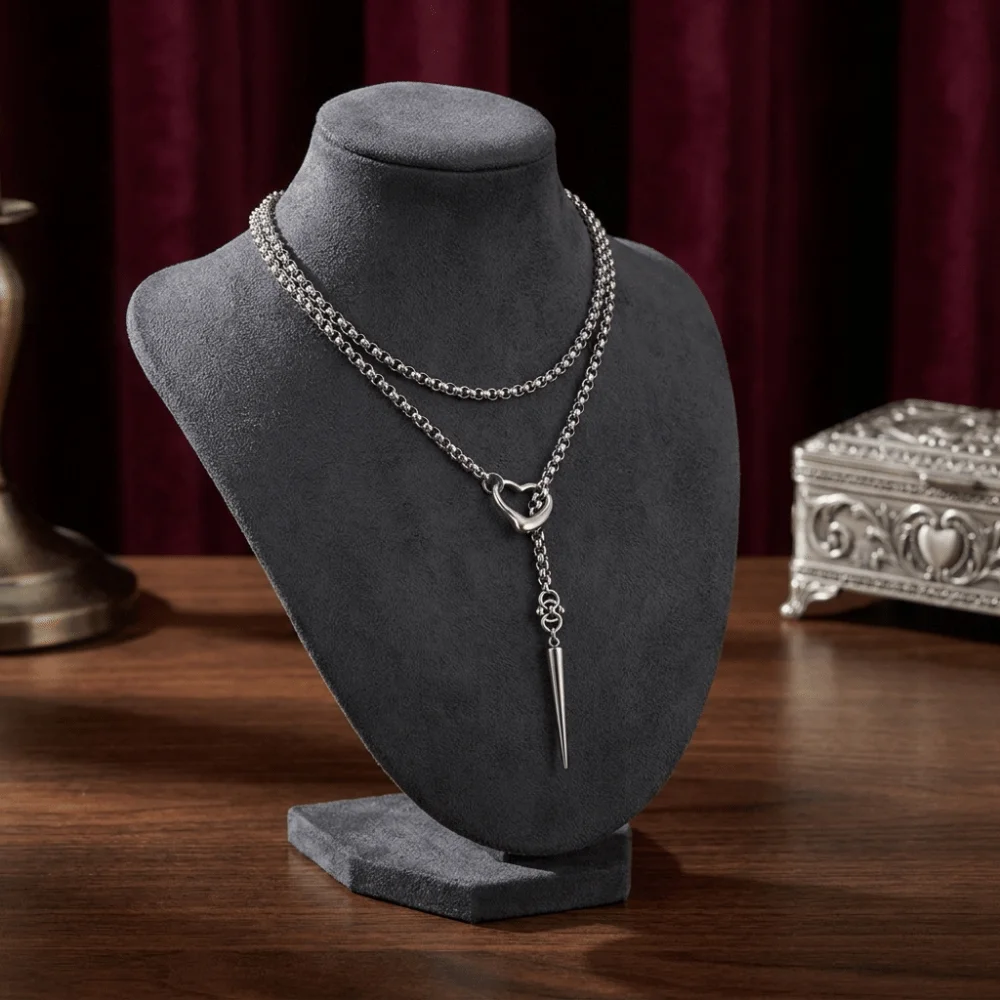 Alloy Heart Spike Pendant Necklace Layered Chunky Chain Pointed Cone Pendant Y‑Shaped Tassel Choker Anti-Slip O-Ring Clasp