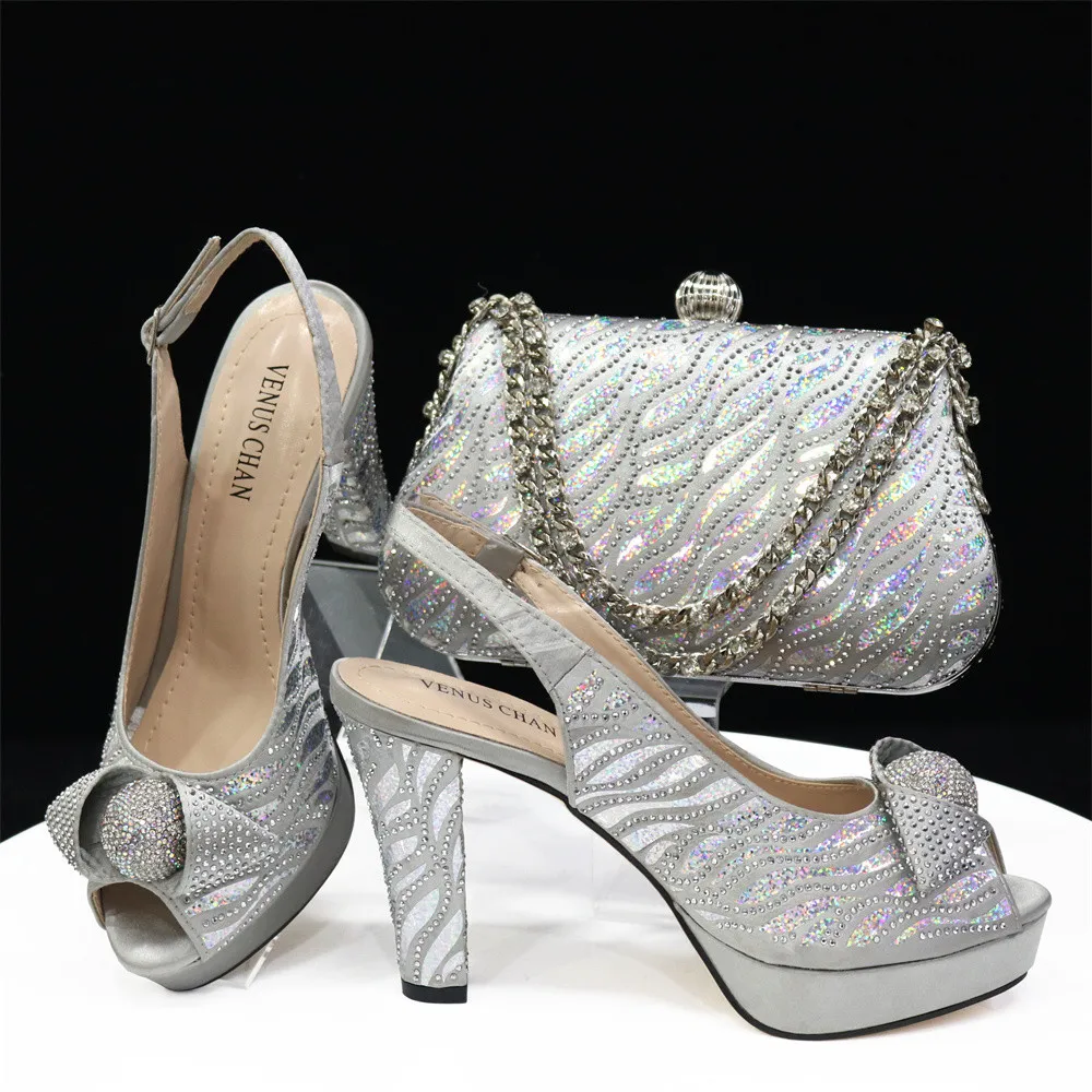 

Mature Sweet Spot Goods 2024 Silver High Quality Peep Toe Design Mature Classics Ladies Shoes Matching Bag Set For Party