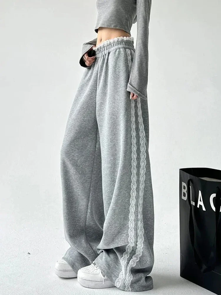 Lace Patchwork Gray Sweatpants Women High Waist Casual Sweet Trousers Korean Loose Fashion Design Female Spring Pants New