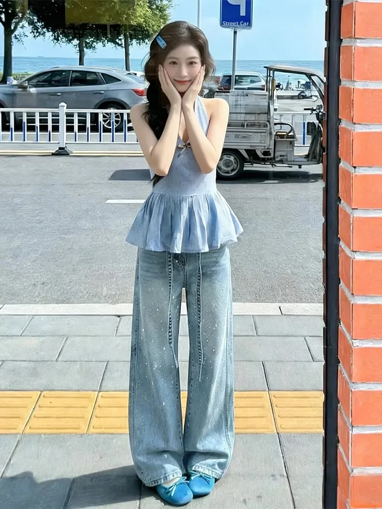 

Glittering Blue Wide Leg Jeans Women's Straight Floor-Length Pants Spring New Sle Flay Diamond l Waist Jeans