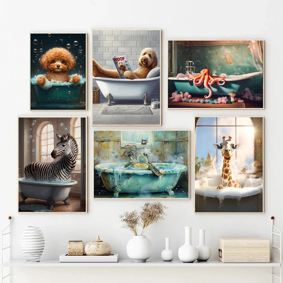 Funny Bathroom Animals Octopus Rabbit Dog Penguin Bathtub Art Retro Poster Canvas Paintings Wall Art Pictures Home Decor