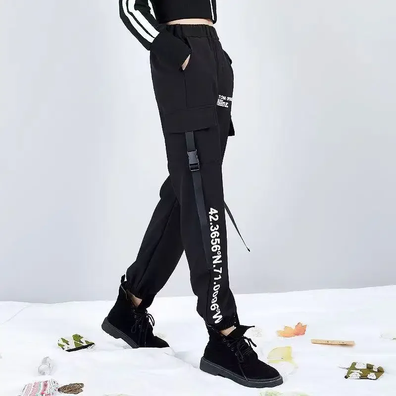 New Women Cargo Pants Ins Harem Pants Fashion Punk Pockets Jogger Trousers Chain Harajuku Elastics High Waist Streetwear Y19