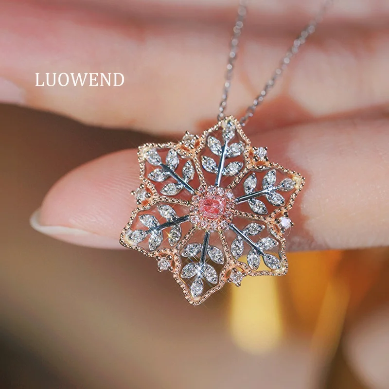 LUOWEND 100% 18K White+Rose Gold Necklace Romantic Snowflake Shape Real Natural Pink Diamond Necklace for Women Party Jewelry