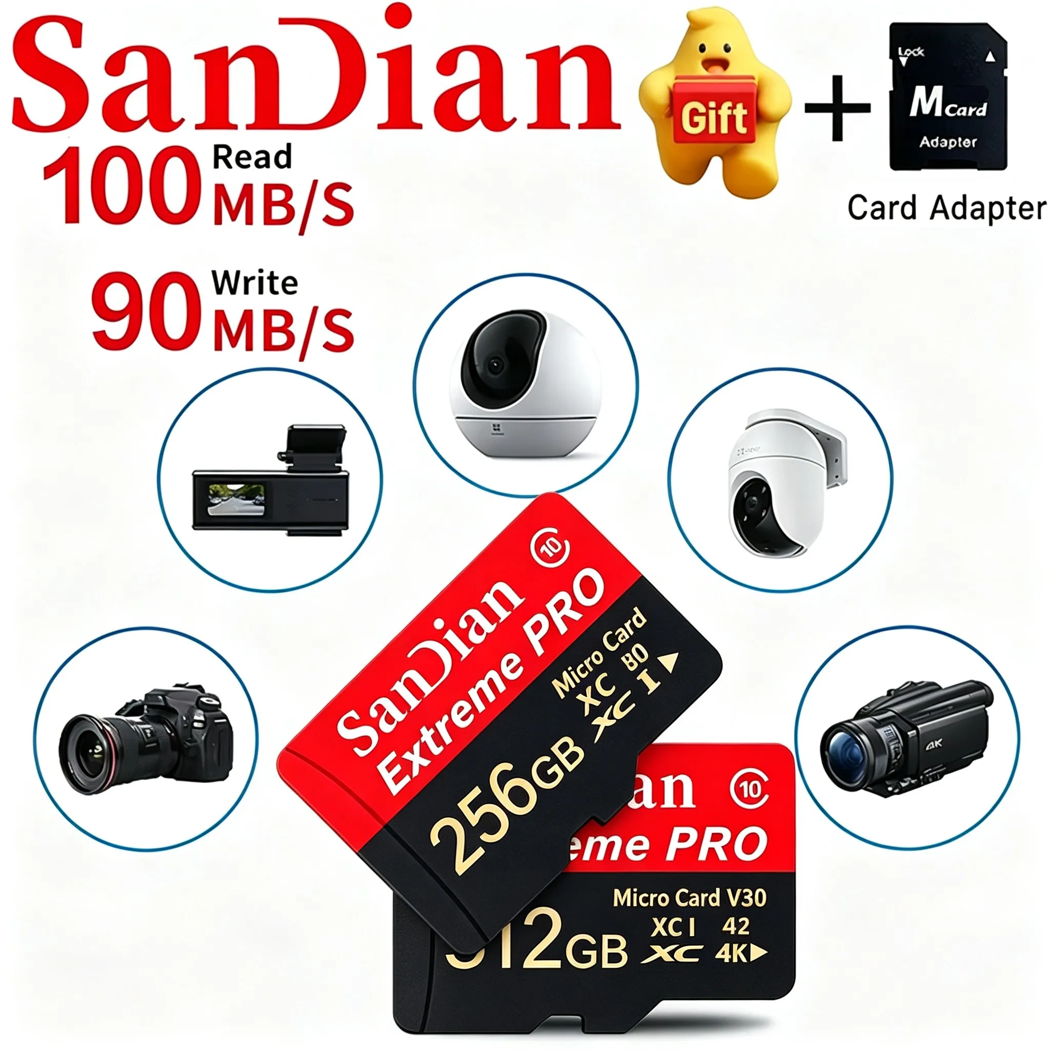 Fast Write TF Cards 64GB Micro TF SD Card 512GB Memory Card 256GB SD Cards V30 for Surveillance/Dash Cam/Driving Recorder/PC