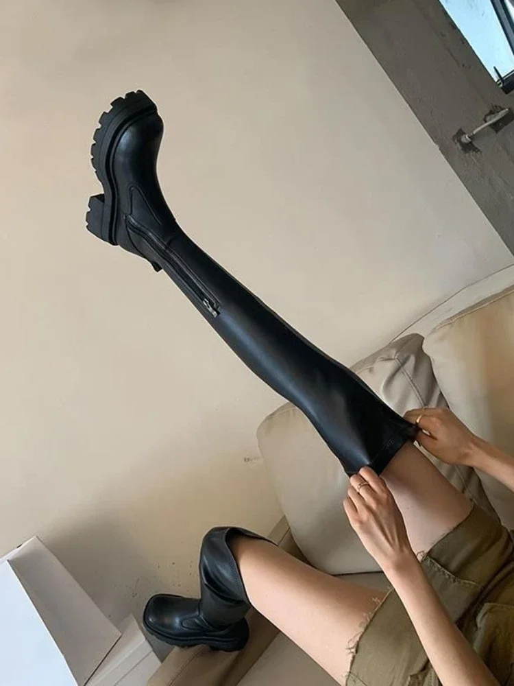 

​Trendy Women's Over The Knee Boots 2025 Spring Autumn Black Platform High Shaft Thick Leg Stretchy Slimming Square Toe Boots​