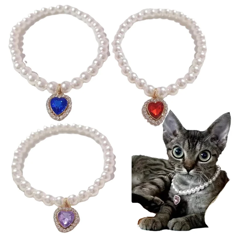 Collar de perlas para perro, collares de lujo con diamantes de imitación, joyería de corazón para gato y boda, ropa para perros y gatos, accesorios para mascotas