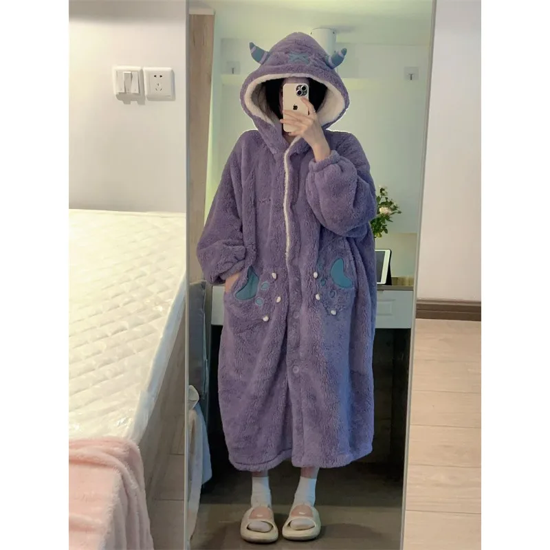Cute Robe for Women Sleepwear Nightdress Winter Night Wears Warm Fleece Pajama One Piece Nightgown Hooded Long Sleeve Homewear image 5