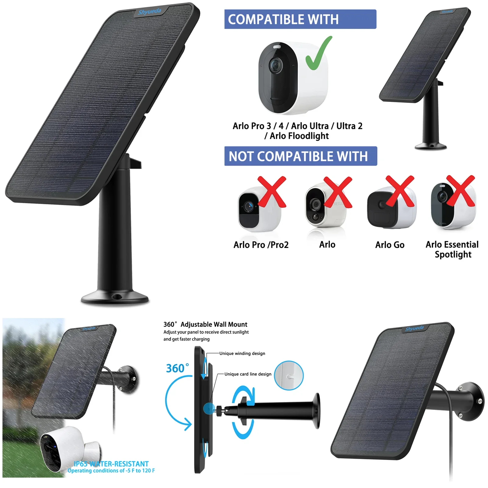 

New 4W Solar Panel Charging for Arlo Ultra/Ultra 2/Pro 3/Pro 4/Go 2/PRO 5S Cable Mount （Black）