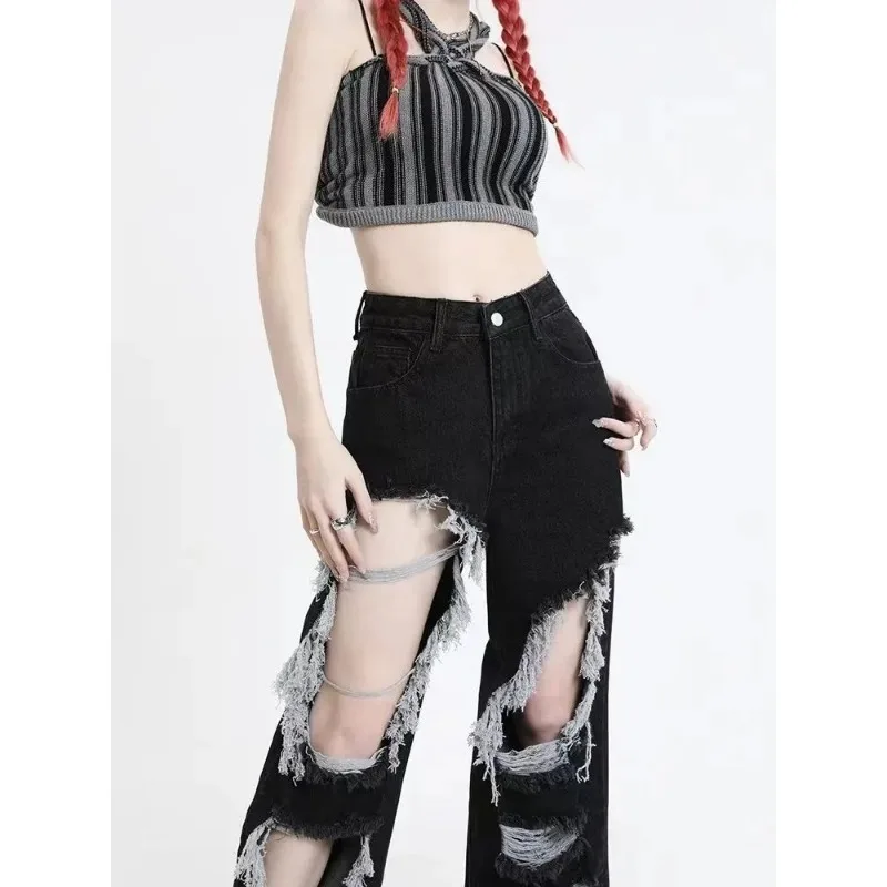 Female Spring and Summer Tide High Waist Beggar Fried Street American High Street Spice Girl Black Hole Straight Leg Loose Jeans