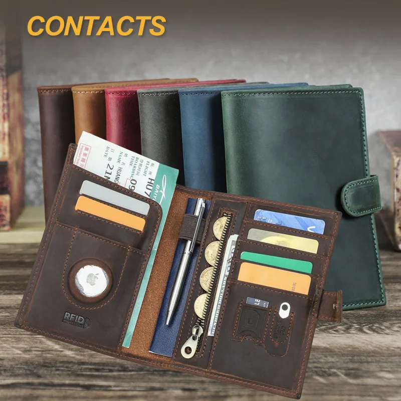 Vintage Crazy Horse Leather Buckle Passport Holder with RFID Protection and AirTag Slot – Genuine Leather Travel Passport Holder