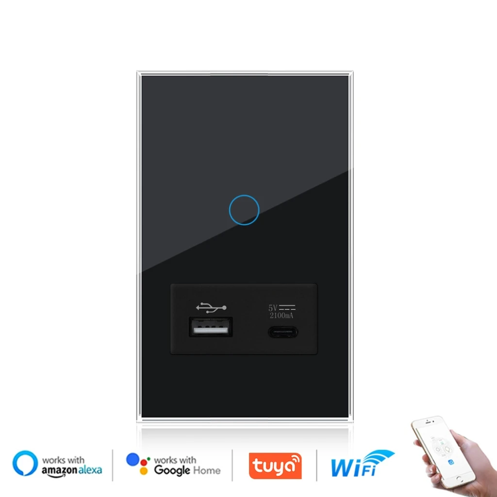 مفتاح مقبس الحائط الزجاجي Tuya Smart Wi-Fi مع USB Type-C، متوافق مع Alexa وcHome Control