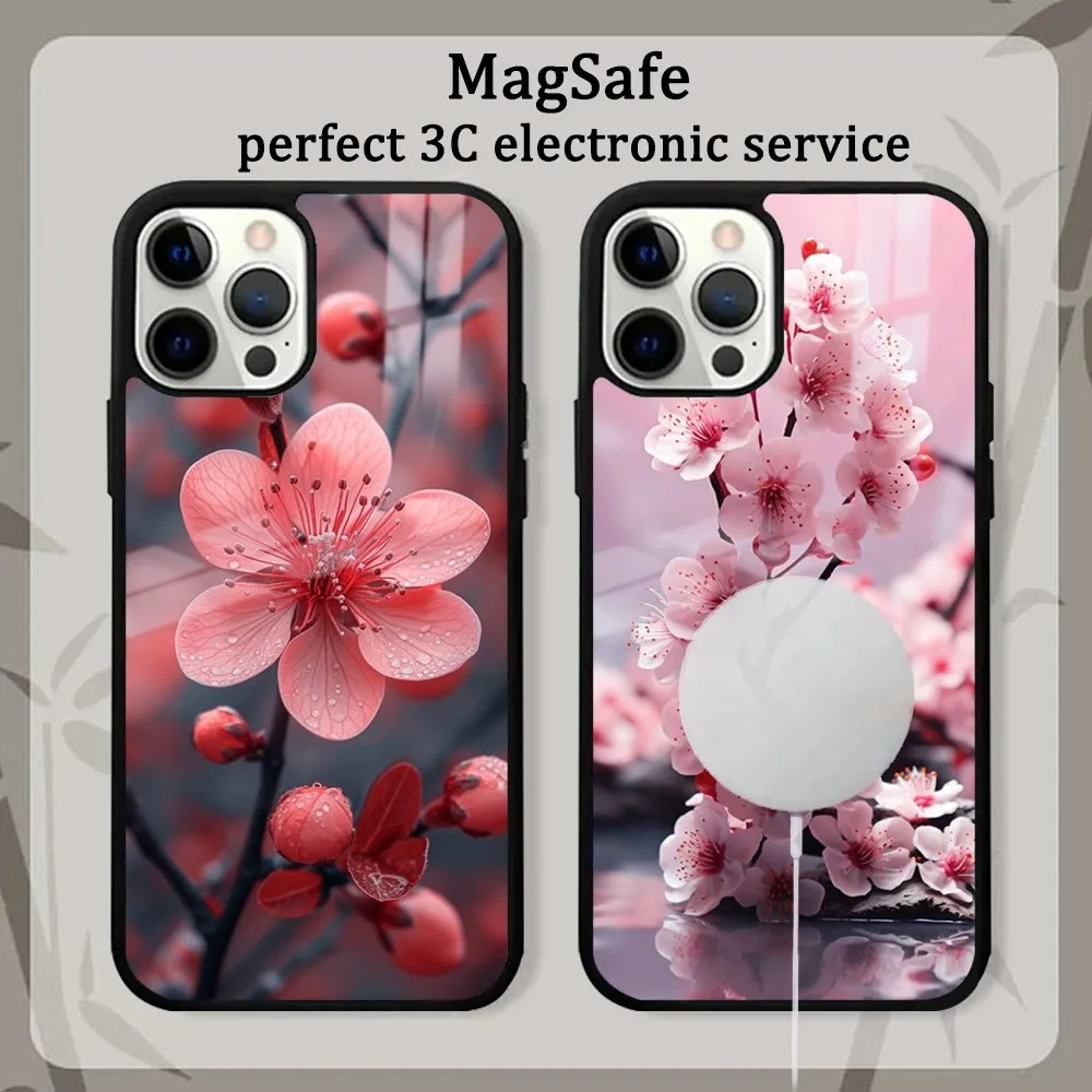 Pink Spring Cherry Blossoms For Phone Case For iPhone 15 14 13 12 11 Pro Max Plus Mini Mirror Magnetic Cover