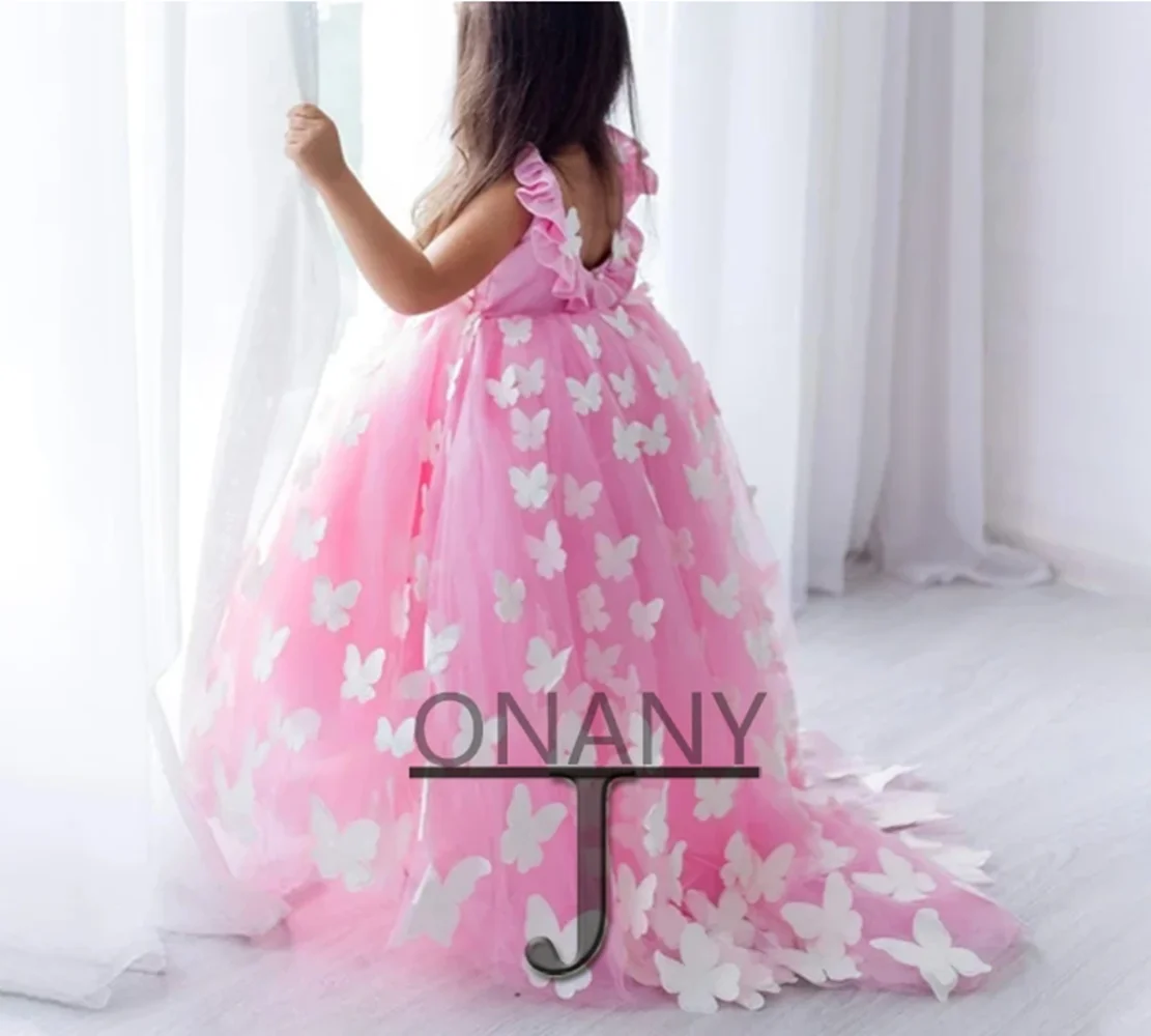 Lace Puffy Layers Pink Flower Girl Dresses Tulle Bow Kids Princess Dress Kids First Communion Dresses Birthday