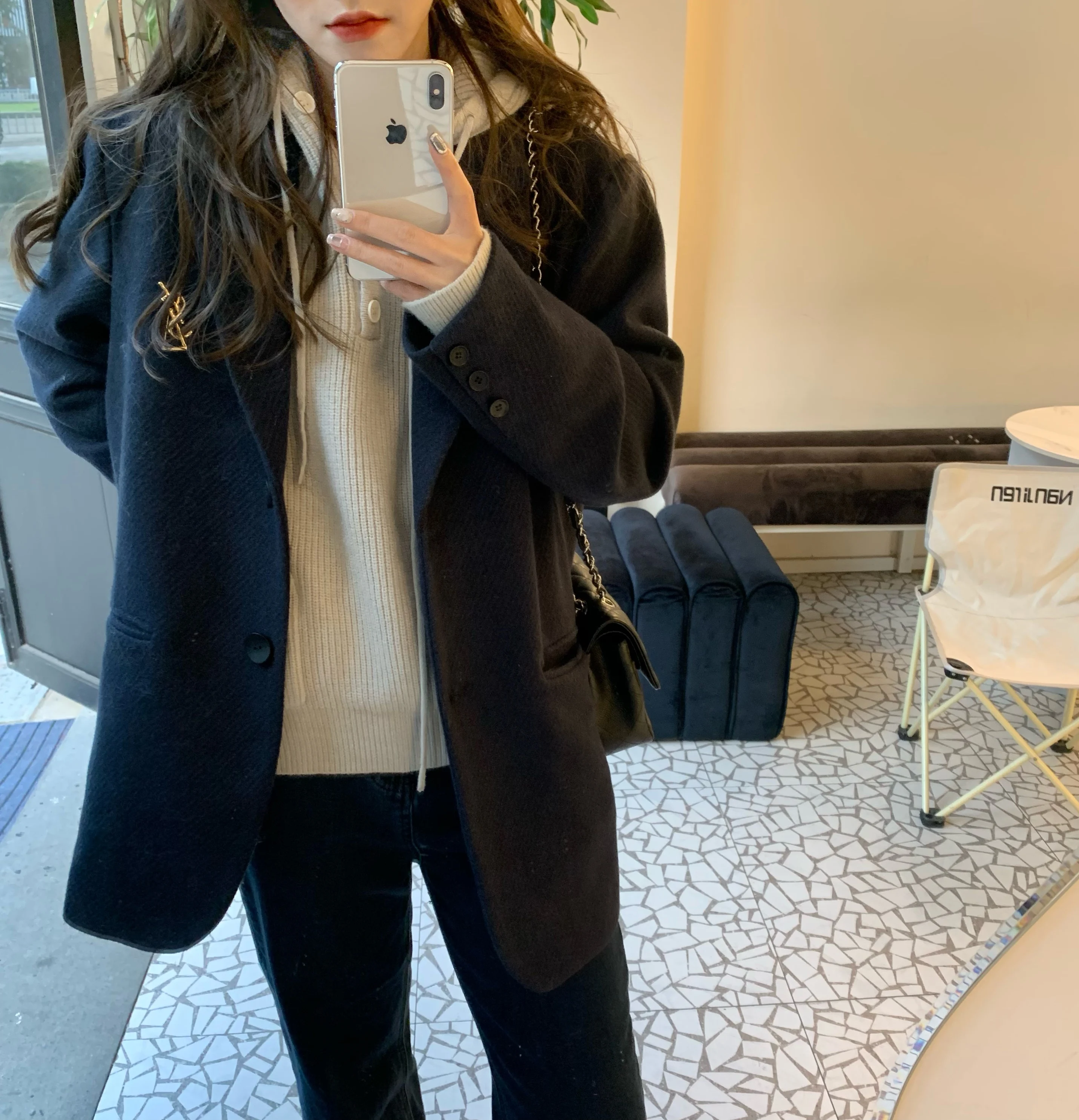 

Korean Sle k Blue Fibone Diagonal 50 Wool Cotton Thiened Suit Jaet Women's Busin Casual Coat with ket