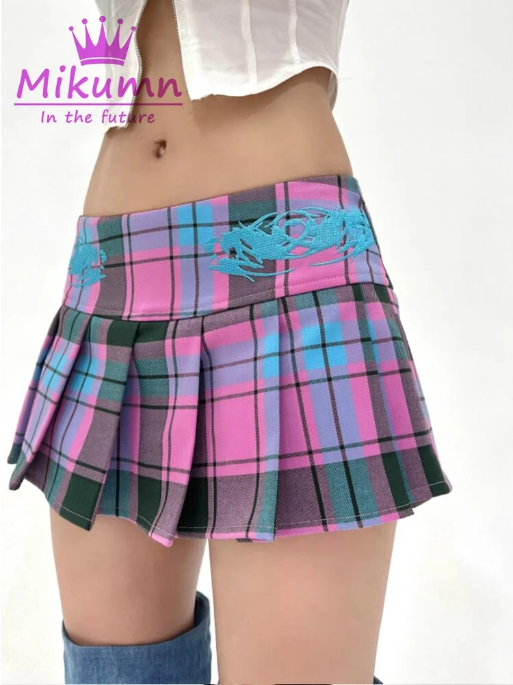 Harajuku Pink Blue Plaid Embroidered Pleated Mini Skirt With Shorts Y2k Girls Preppy Style Women Summer Low Waist JK Short Skirt