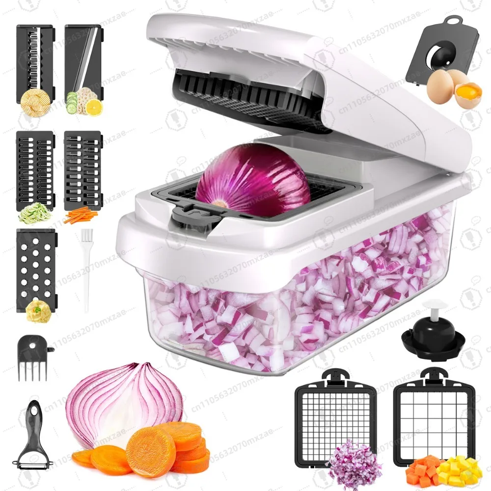 8 Blade Veggie Chopper Mandoline Slicer with Container Onion Cutter Salad Maker Kitchen Gadgets Accessories White