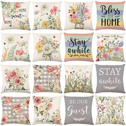 Flowers Pillowcases 45x45cm Square Linen Throw Pillow Case Home Sofa Decorative Pillows Cushion Cover Letters Plaid Pillow Cover