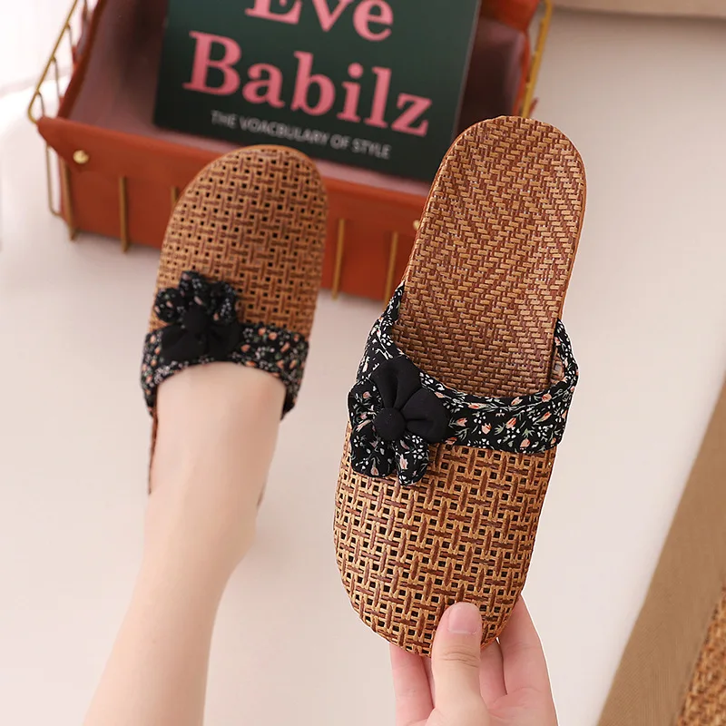 2022 New Linen Slippers Women Summer Bamboo Mats Home Slippers Wooden Floor Shoes Women Eva Soft Sole Beach Slippers Shoes Women