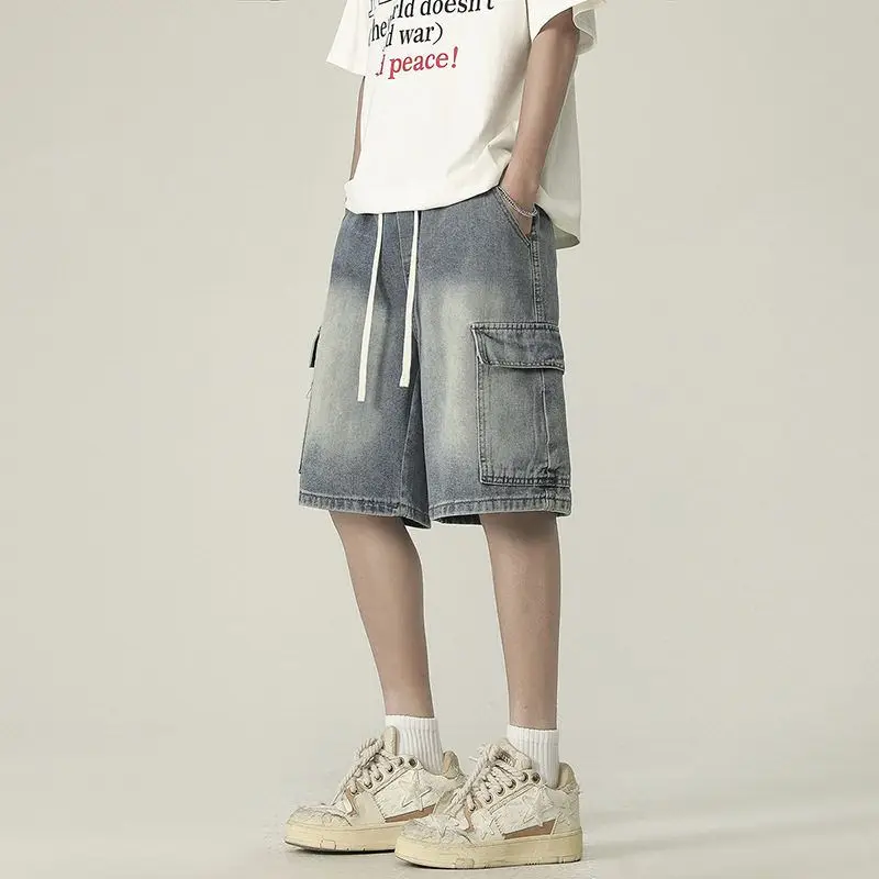 

Loose Fit Elastic Waist Men's Denim Shorts Spring Summer New Style White Sport Five-Quarter Length Casual Workwear Mid-Term
