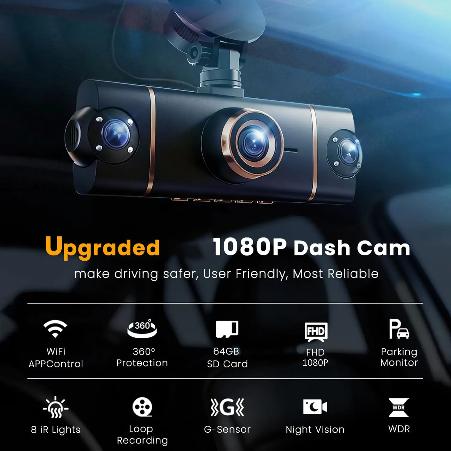 4-Channel Dashcam with 360° Panoramic View WiFi DVR 1080P Black Box 24-Hour Parking Monitoring HD Night Vision Loop Recording