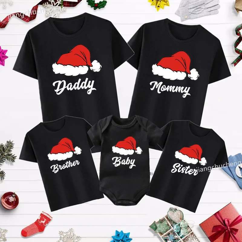 New Santa Hat Family Matching Christmas Outfits Cotton Daddy Mommy Brother Sister Baby Xmas Shirt Family Look New Year's Clothes