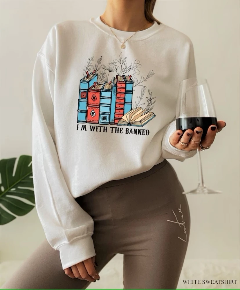 

I'm with The Banned Books Sweatshirt Librarian Bookish Banned Books Reading Shirt Gift for Reader Funny Winter Clothes Women