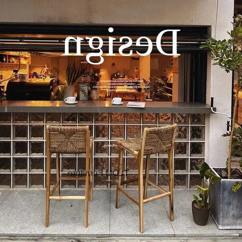 

Home Rattan Solid Wood Bar Chairs Nordic Kitchen Island Dining Chair High Stool Designer Retro Back Stool European Bar Furniture