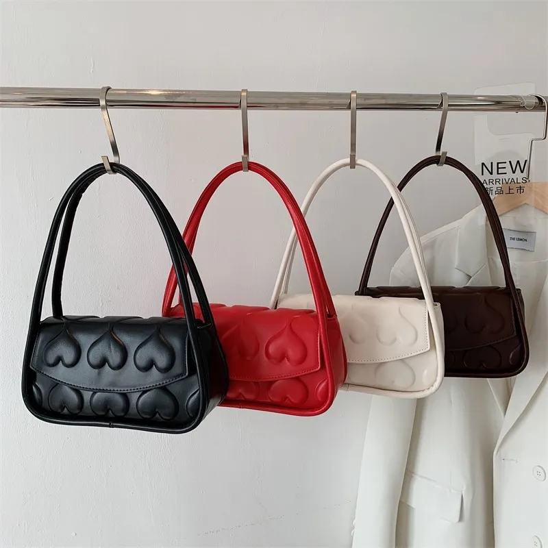 Women's Love Shaped One Shoulder Bag New Fashion Solid Color Handheld Bag French Embossed Underarm PU Bag