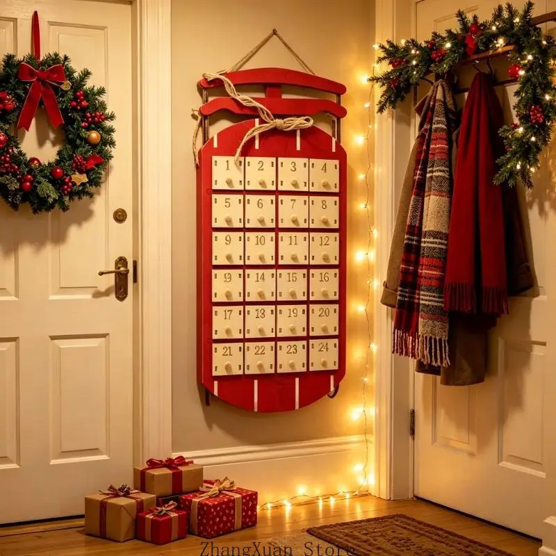 Freistehender oder hängender Schlitten-Adventskalender mit 24 nummerierten Fächern und Akzent für Zuhause, Klassenzimmer oder – Detail 4