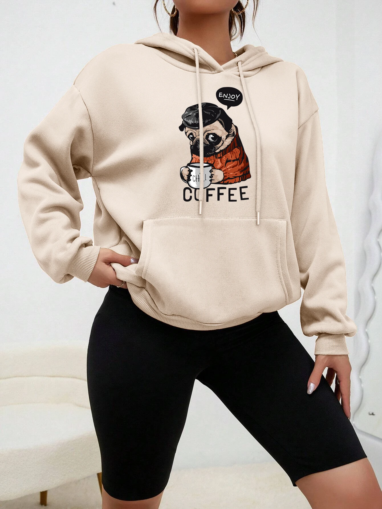 Coffee Chill Enjoy Interesting Cute Dog Women Hoodies Autumn Street Sweatshirts Casual fur-liner Hoody Fashion S-XXL Tops Unisex