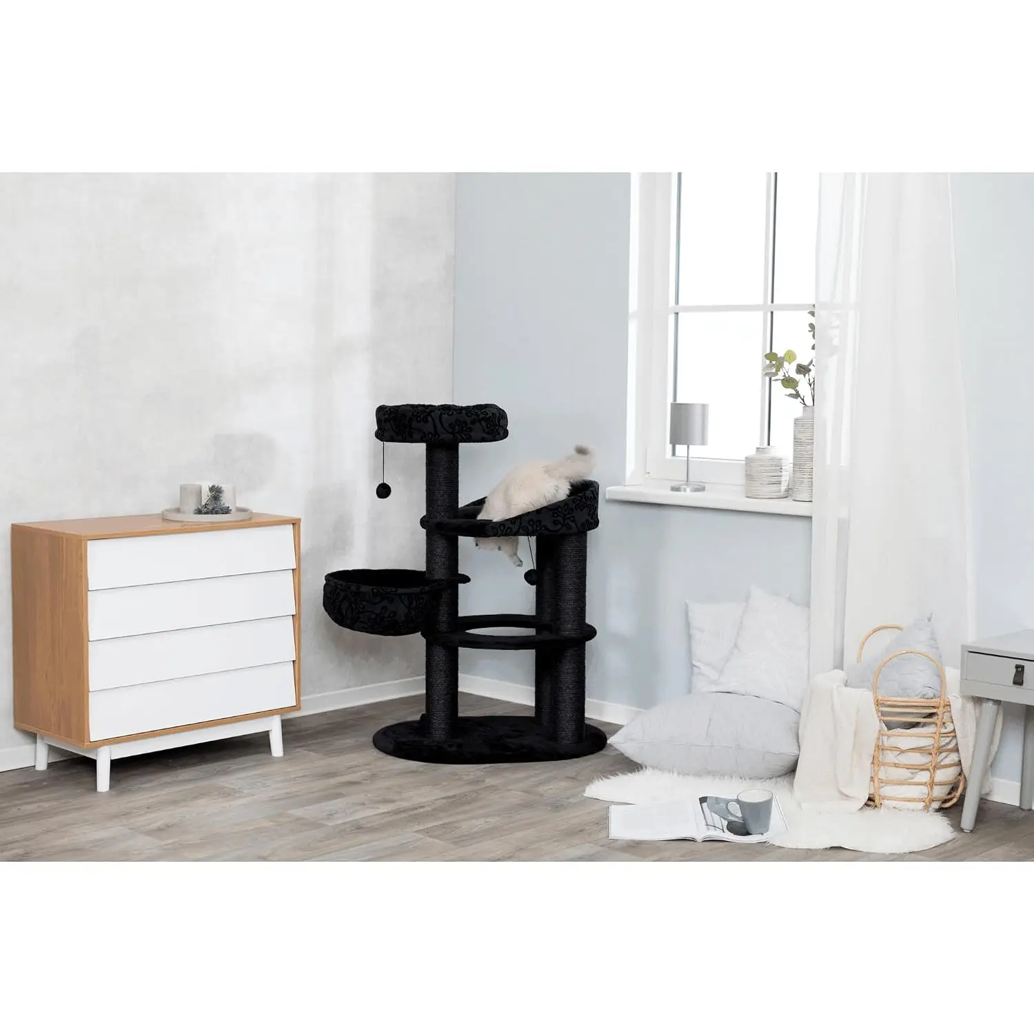 50-in Cat Tower with Sisal Scratching Posts, Hammock, Platforms, Bed & Dangling Toys, Black, Customized