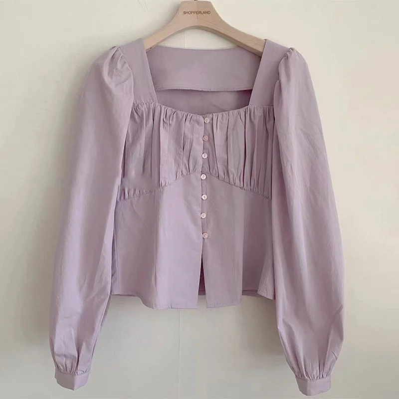 

Chic Spring Light Purple Square Collar Women's irt with Bubble Sves Waist-Cinching Design Neline Exposure And Pleats