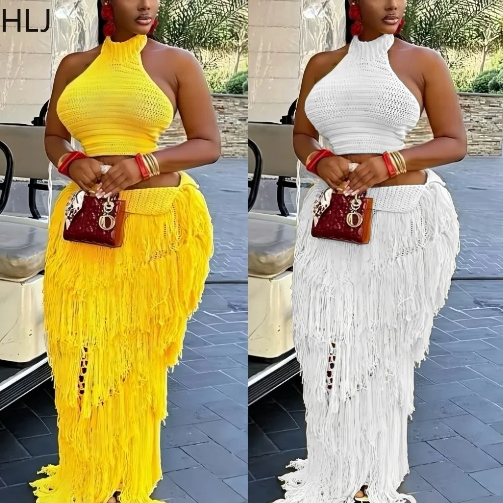 

HLJ Casual Tassel Patchwork 2 Pieces Set for Woman Solid Color Halter Backless Crop Top + Skirt Female Beach Beachwear 2026 New